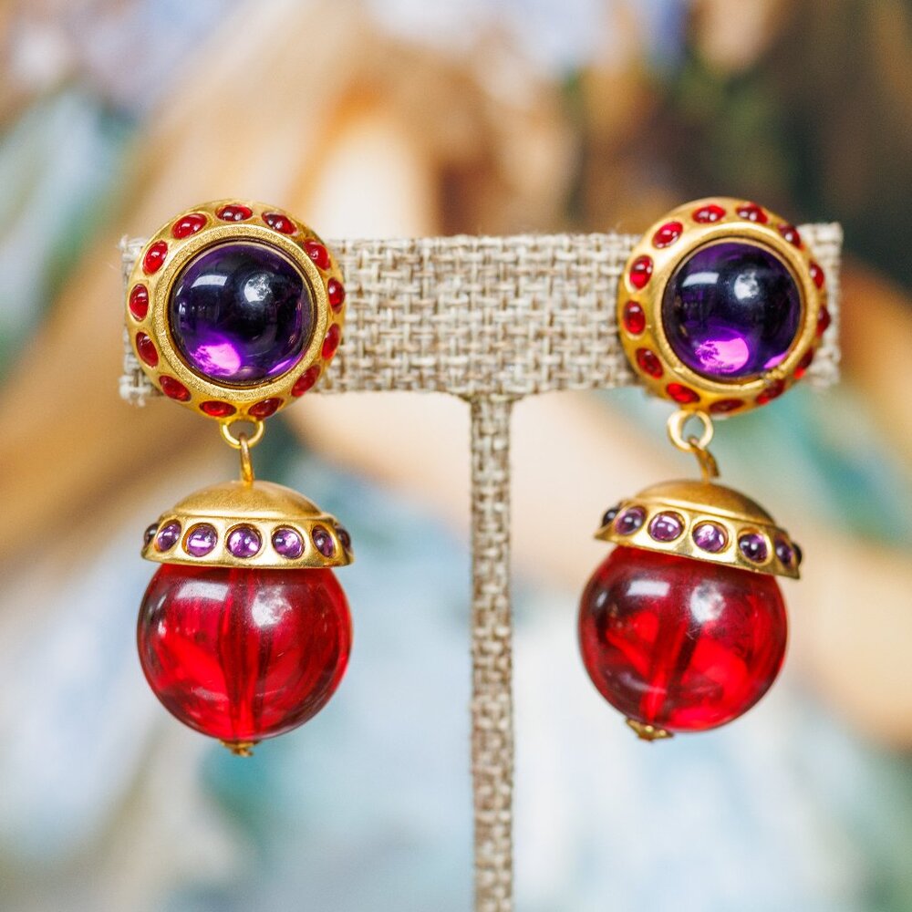 Vintage Poured Purple Glass Cabochons Drop Clip-ons